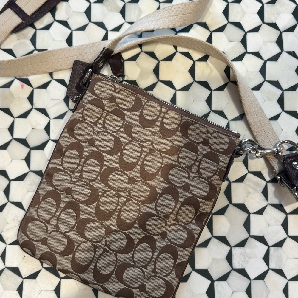 Coach Tan and Dark Brown Signature Crossbody Messenger Bag - Picture 2 of 5